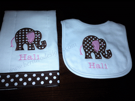 Bib-Monogrammed Elephant Personalized "Hali" Bib and Burp Cloth Set for Baby Girl-#BBC214