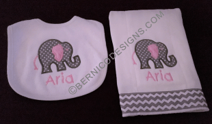 Girl/'s Pink and Gray Elephant Infant Burp Cloth and Monogram Bib Set